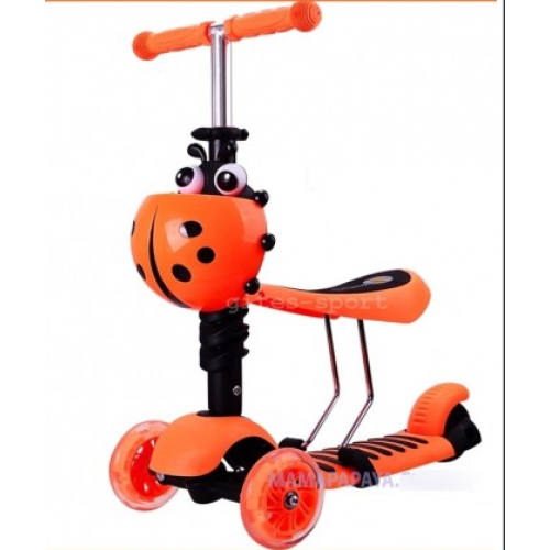 Самокат-беговел Scooter mini 3в1 (оранжевый) сиденье, корзинка, светящ. колёса.