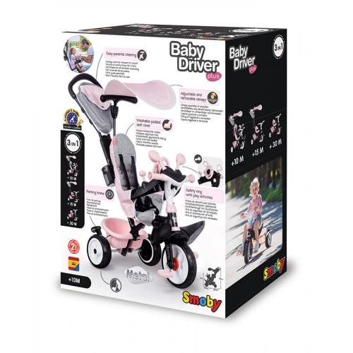 Дитячий металевий велосипед «Бебі Драйвер.Комфорт' з козирком та багажником, рожевий, 68х52х101 см. 10 міс.+
